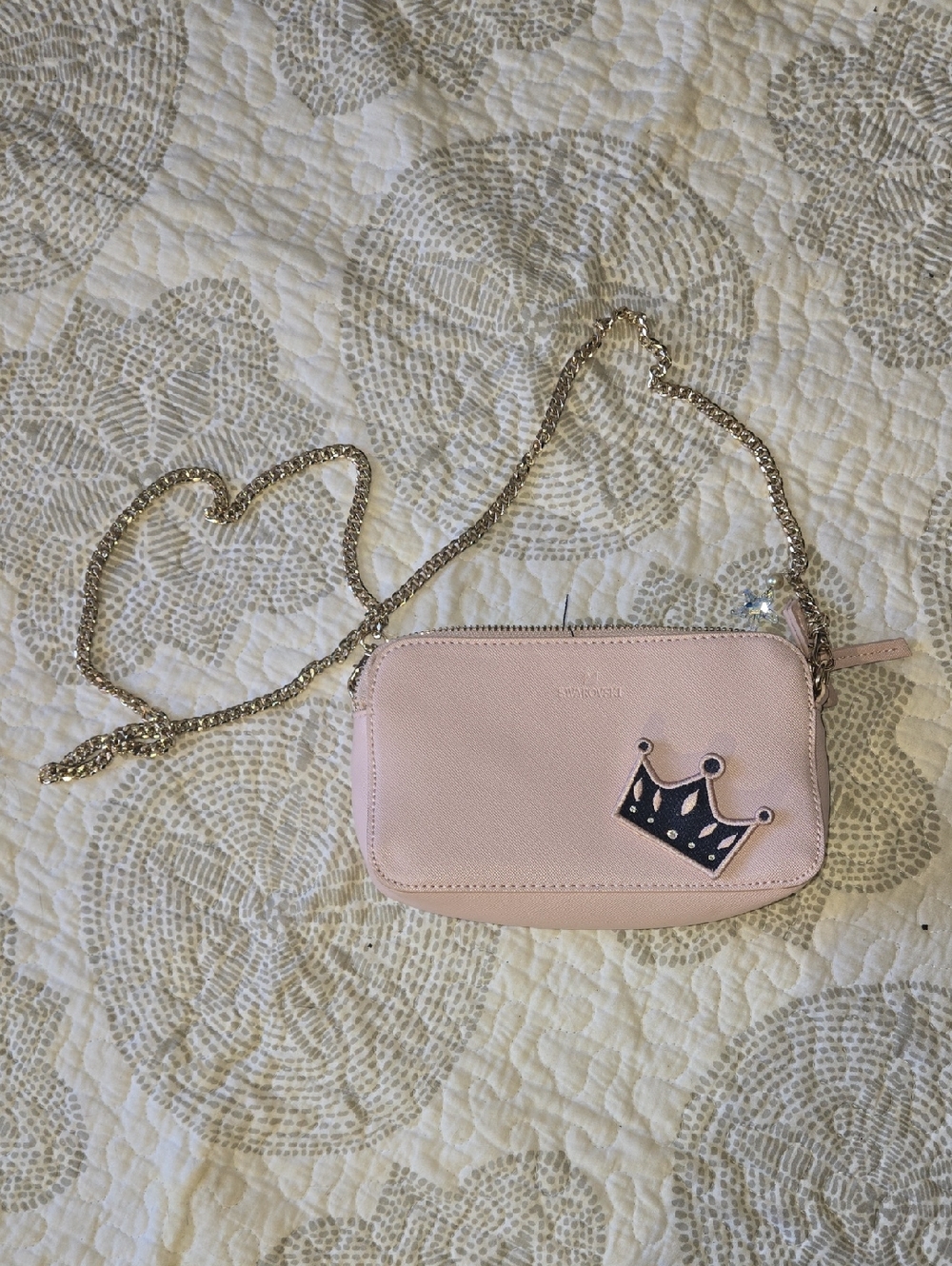 Swarovski Light Pink Crossbody Bag with Gold Chain and Crown Patch